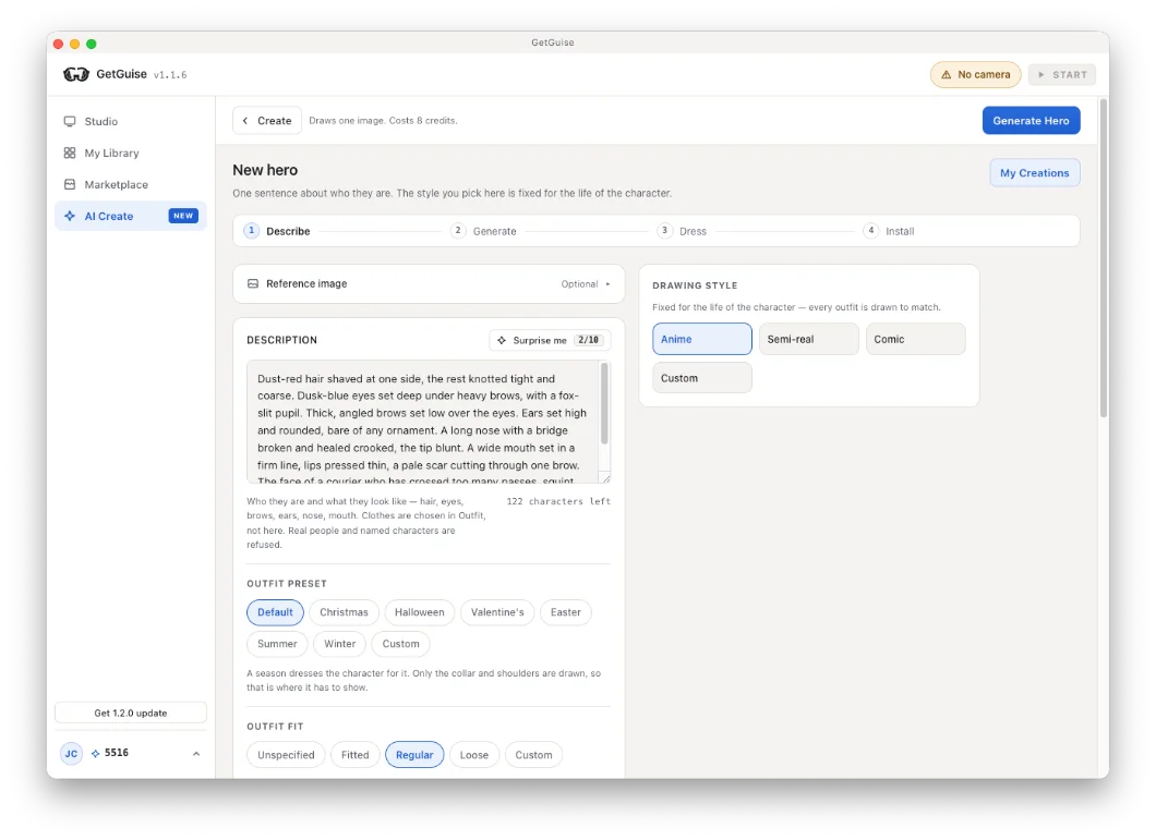 The Describe step in GetGuise, with the description field, Surprise me, and the drawing styles to pick from
