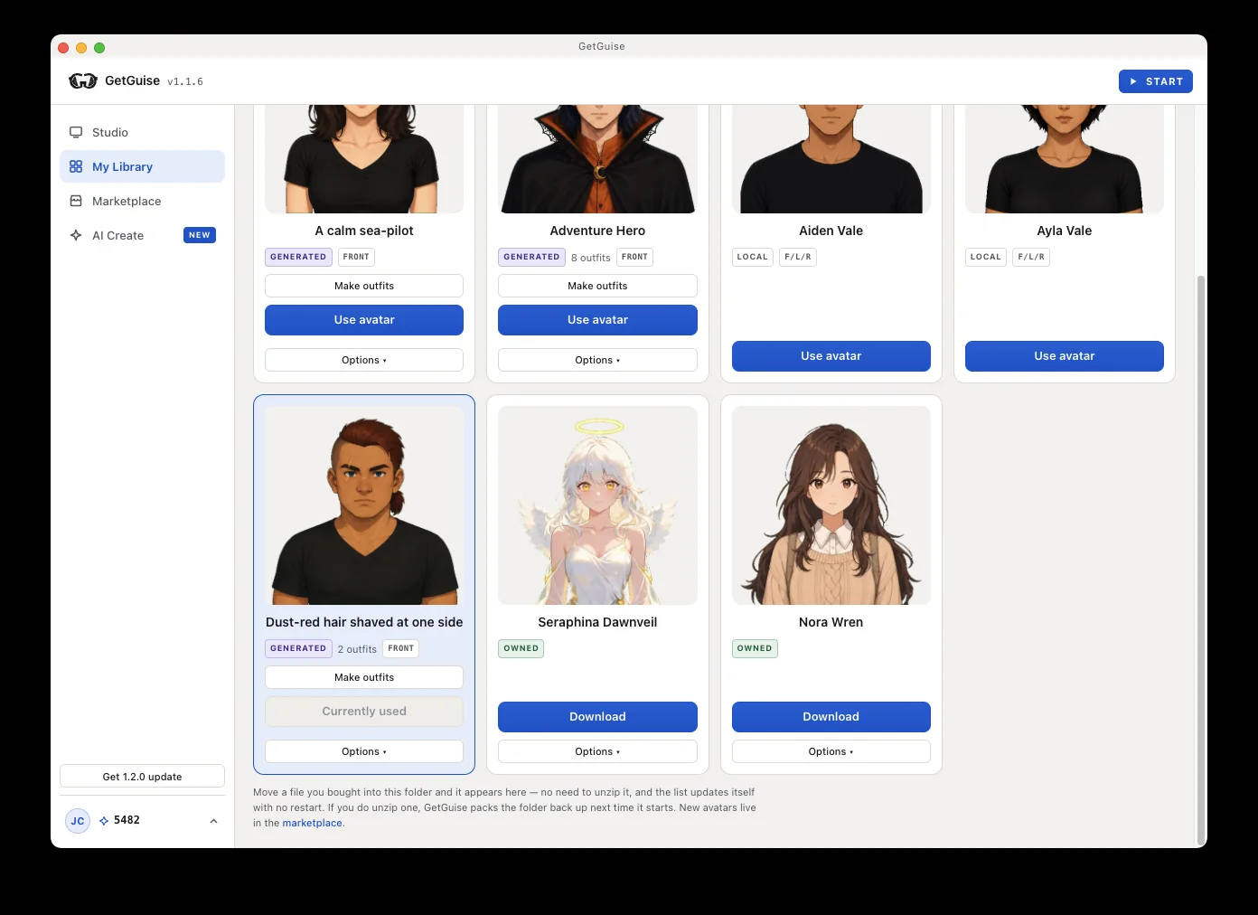 My Library in GetGuise, listing installed characters alongside ones bought from the Marketplace